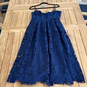 Gigi James.    Navy Blue Floral Lace Spaghetti Strap Dress